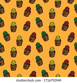 Seamless pattern multicolored cacti in pots, vector illustration, red, yellow, green and brown, orange background, hand drawing
