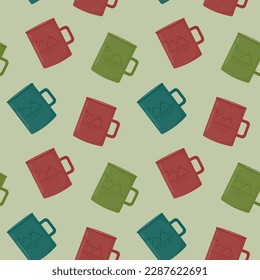 Seamless pattern with multicolored camping mugs. Vector illustration in a flat style.