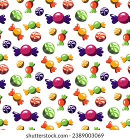 Seamless pattern with multicolored candies in a colored wrapper and striped caramels. Vector cartoon texture with sweet candies from the creator of sweets Willy. Festive sweets for Halloween