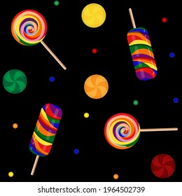 Seamless pattern with multicolored candy on a black background