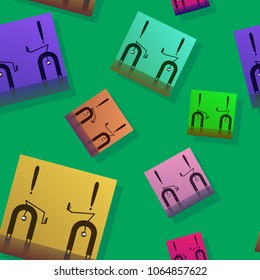 A seamless pattern of multi-colored cards with monsters like horseshoes that gesture forbids passage