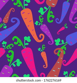 Seamless pattern of multicolored carrots on a purple background