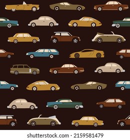 Seamless pattern with multi-colored cars of different brands on a dark background
