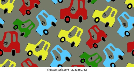 Seamless pattern of multicolored cars on a gray background. Great background for children decor: wallpapers, fabrics and other designs