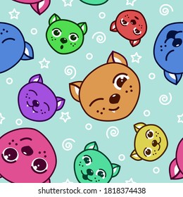 Seamless pattern with multicolored cat heads with different emotions on the face on a light blue background.