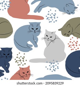 seamless pattern of multicolored cats isolated on a white background. abstract background with cats. linear drawing and colored abstract spots. stock vector illustration. EPS 10.