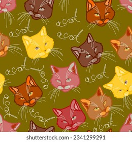 seamless pattern with multicolored cats and lettering