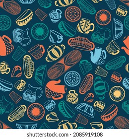 Seamless pattern with multicolored ceramic dishes on a dark background. A set of kitchen utensils. Simple sketch, sketch