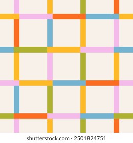 Seamless pattern of multicolored checkered lines on a light background, flat style
