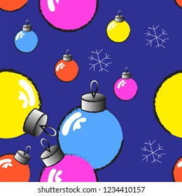 Seamless pattern of multicolored Christmas balls. Blue background. Vector illustration