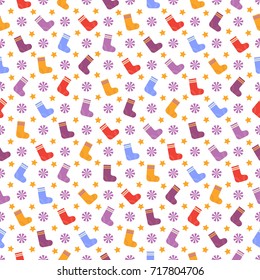 Seamless pattern with multicolored Christmas socks, lilac snowflakes, yellow stars on white background. Can be used for wrapping paper