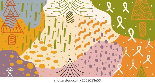 Seamless pattern: multicolored christmas trees, lines, dots. Doodle vector hand drawn, not AI  illustration in green, violet, yellow, orange colours for cards, banners, wallpaper, textile, wrapping	