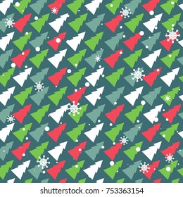 Seamless pattern with multicolored christmas trees and snow. Colorful background. Decorative wallpaper, good for printing. Vector illustration design. Hand drawn overlapping backdrop. Merry xmas style