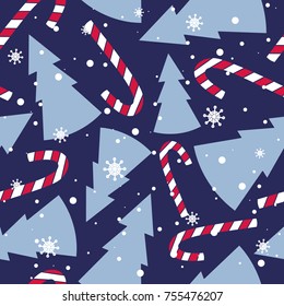 Seamless pattern with multicolored christmas trees, snow, candy canes. Colorful background. Decorative wallpaper, good for printing. Vector illustration design. Hand drawn backdrop. Merry xmas style