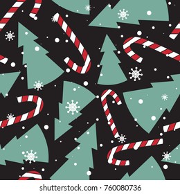 Seamless pattern with multicolored christmas trees, snow, candy canes. Colorful background. Decorative wallpaper, good for printing. Vector illustration design. Hand drawn backdrop. Merry xmas style