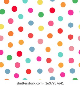 Seamless pattern with multi-colored circles. Abstract textures with circles, polka dot design. Pink, red, yellow, blue, green color. Confetti. Vector illustration.