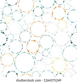 Seamless pattern. Multicolored circles. Circles do not intersect each other and consist of points of different sizes. Abstract colorful background of cold shades.