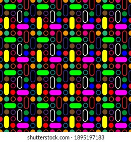 Seamless pattern of multi-colored circles and ellipses on a dark background
