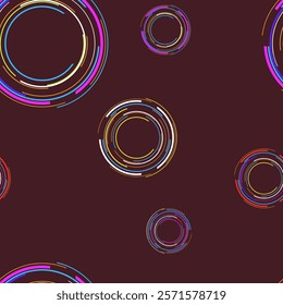 seamless pattern of multi-colored circles on a dark brown background.  color - blue, pink, yellow, orange and red, a sense of depth and volume. The effect is a modern and abstract design.