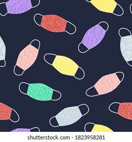 Patrón sin foco de máscaras de tela multicolor. Mascarillas médicas multicolores sobre un fondo oscuro. Ilustración vectorial plana.