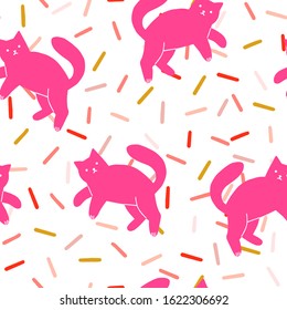 seamless pattern with multicolored confetti and cats. Background Pattern. Covering confectionery. colored caramel, lollipops. multicolored sticks. Memphis Pattern. decoration.