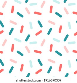 Seamless pattern with multicolored confetti. Covering confectionery.  Multicolored sticks. For decor and design of menu in cafe and shop, fabric, paper, packaging.