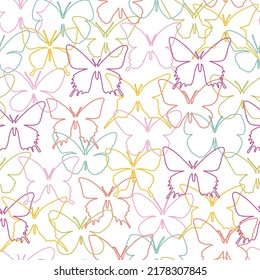 Seamless pattern of multicolored contour butterflies on a white background.