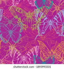 Seamless pattern with multi-colored contour drawings of butterflies on a crimson backdrop. Decorative vector background. Suitable for Wallpaper, wrapping paper, fabric, textiles