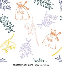 Seamless pattern multicolored contour drawings of twigs, blades of grass and a stylized bag on a white background.