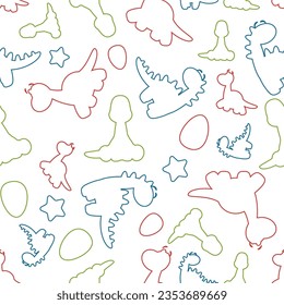 Seamless pattern of multicolored contours of dinosaurs on a white background