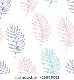 Seamless pattern of multi-colored contours of palm leaves on a white background, vector illustration.