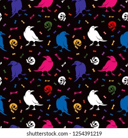 Seamless pattern. Multicolored crows among skulls and bones. Raven on a black background. Great for Halloween.