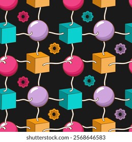 Seamless pattern with multicolored cubes, balls and stylized flowers, united by white thread on a black background. Vector illustration
