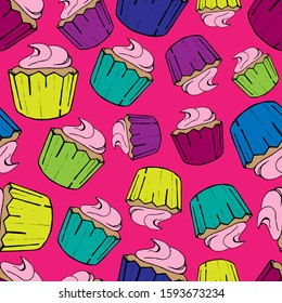 Seamless pattern Multi-colored cupcakes on a pink background. Vector. Doodle style. Pop art. Can be used for decoration of cards, invitations. Designer t-shirts, mugs, gifts. Fabric, covers