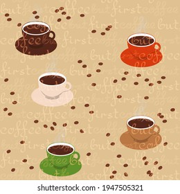 seamless pattern - multicolored cups of coffee and scattered coffee beans