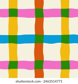 Seamless pattern of multi-colored curved checkered lines on a light background, hand drawn illustration