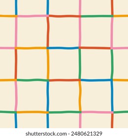 Seamless pattern of multi-colored curved checkered lines on a light background, hand drawn illustration