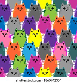 Seamless pattern with multicolored cute cats on white background.