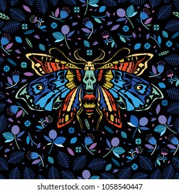 Seamless pattern. Multicolored Dead head butterfly in a night garden. Moth among flowers and leaves. Ideal for decoration of Halloween and the Day of the Dead.