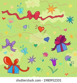 Seamless pattern with multicolored decorated gift boxes, ribbons with bows, stars, flowers and butterflies on the green background vector illustration