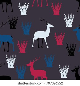 Seamless pattern of multicolored deers and bushes on a brown background