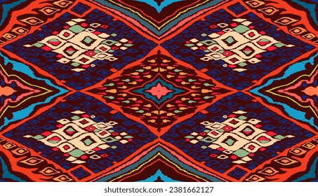 Seamless pattern with multicolored diamonds. Geometric chevron abstract illustration, wallpaper. Tribal ethnic vector texture. Aztec style. Folk embroidery. Indian, Scandinavian, African rug.