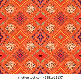 Seamless pattern with multicolored diamonds. Geometric chevron abstract illustration, wallpaper. Tribal ethnic vector texture. Aztec style. Folk embroidery. Indian, Scandinavian, African rug.