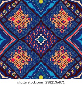 Seamless pattern with multicolored diamonds. Geometric chevron abstract illustration, wallpaper. Tribal ethnic vector texture. Aztec style. Folk embroidery. Indian, Scandinavian, African rug.