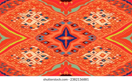 Seamless pattern with multicolored diamonds. Geometric chevron abstract illustration, wallpaper. Tribal ethnic vector texture. Aztec style. Folk embroidery. Indian, Scandinavian, African rug.