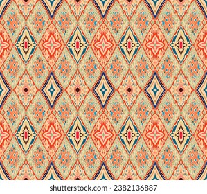 Seamless pattern with multicolored diamonds. Geometric chevron abstract illustration, wallpaper. Tribal ethnic vector texture. Aztec style. Folk embroidery. Indian, Scandinavian, African rug.
