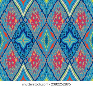 Seamless pattern with multicolored diamonds. Geometric chevron abstract illustration, wallpaper. Tribal ethnic vector texture. Aztec style. Folk embroidery. Indian, Scandinavian, African rug.