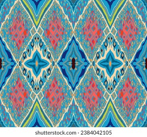 Seamless pattern with multicolored diamonds. Geometric chevron abstract illustration, wallpaper. Tribal ethnic vector texture. Aztec style. Folk embroidery. Indian, Scandinavian, African rug.