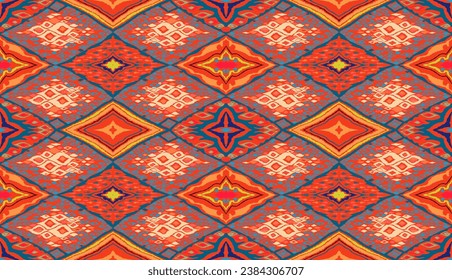 Seamless pattern with multicolored diamonds. Geometric chevron abstract illustration, wallpaper. Tribal ethnic vector texture. Aztec style. Folk embroidery. Indian, Scandinavian, African rug.