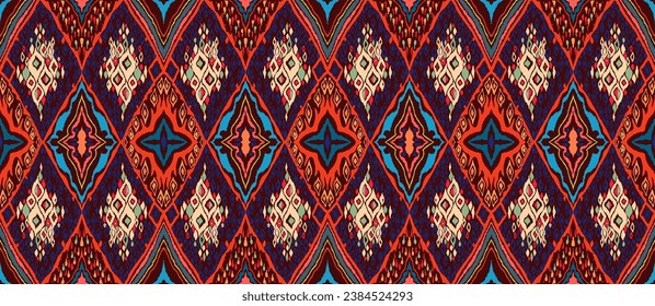Seamless pattern with multicolored diamonds. Geometric chevron abstract illustration, wallpaper. Tribal ethnic vector texture. Aztec style. Folk embroidery. Indian, Scandinavian, African rug.